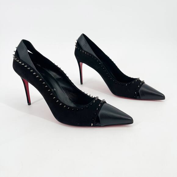 Christian Louboutin Duvette Spikes 85 Black Leather Pointed Toe Pumps EU 40.5 - Picture 1 of 11